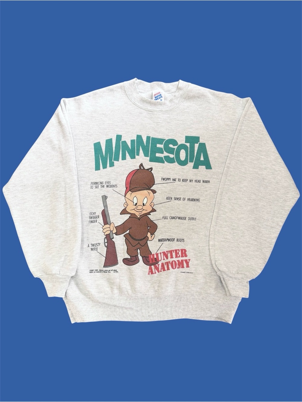 Vintage 90s Minnesota Looney Tunes Elmer Fudd Hunter Crewneck Medium Rare